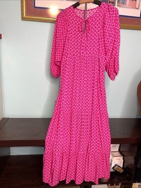 Bright Pink Patterned Maxi Dress with Puff Sleeves